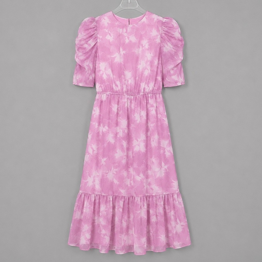 Destination 365 Dress Womens XL Petite Rose Floral Chiffon Midi Puff A614504